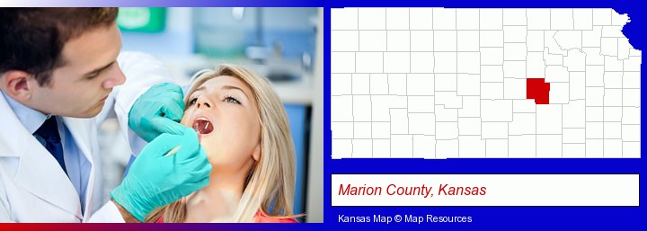 a dentist examining teeth; Marion County, Kansas highlighted in red on a map