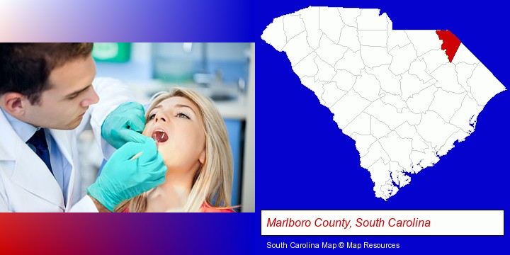 a dentist examining teeth; Marlboro County, South Carolina highlighted in red on a map