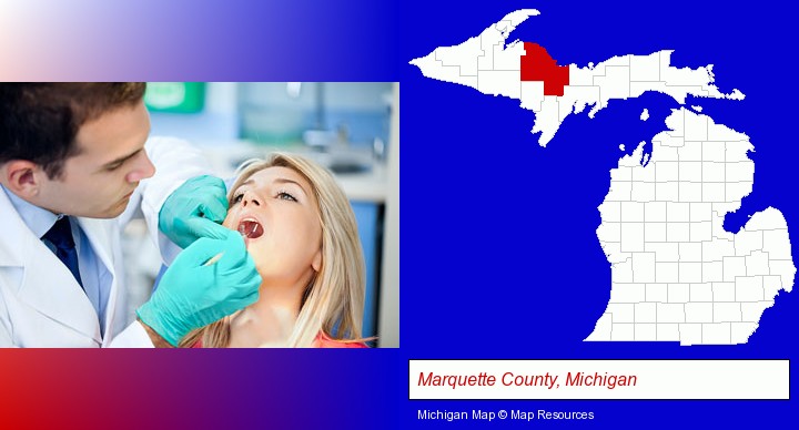 a dentist examining teeth; Marquette County, Michigan highlighted in red on a map