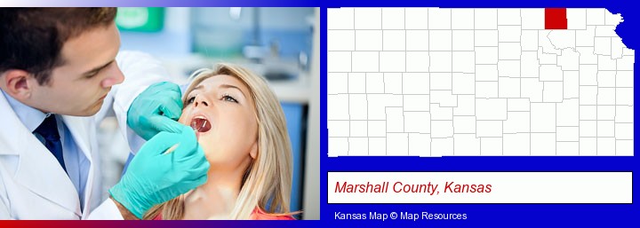 a dentist examining teeth; Marshall County, Kansas highlighted in red on a map