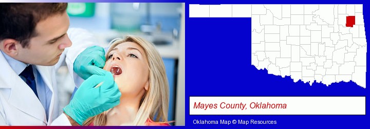 a dentist examining teeth; Mayes County, Oklahoma highlighted in red on a map