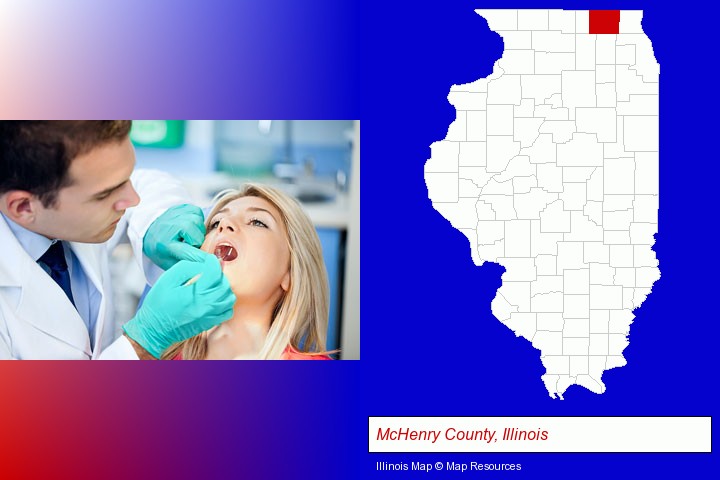 a dentist examining teeth; McHenry County, Illinois highlighted in red on a map