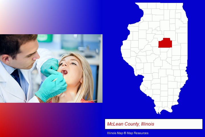 a dentist examining teeth; McLean County, Illinois highlighted in red on a map