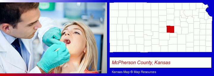 a dentist examining teeth; McPherson County, Kansas highlighted in red on a map
