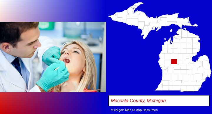 a dentist examining teeth; Mecosta County, Michigan highlighted in red on a map