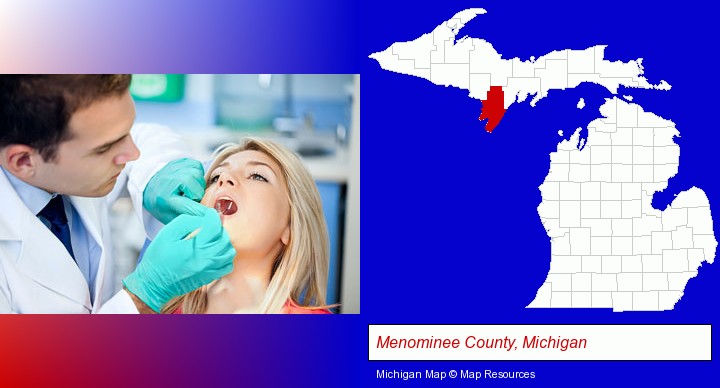 a dentist examining teeth; Menominee County, Michigan highlighted in red on a map