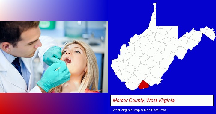a dentist examining teeth; Mercer County, West Virginia highlighted in red on a map
