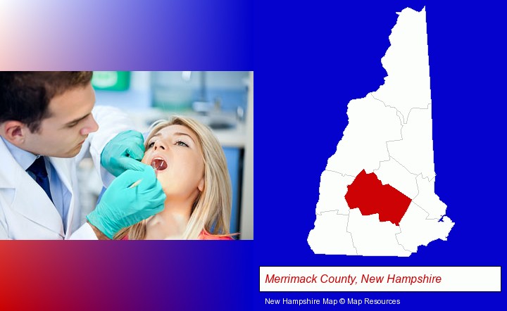 a dentist examining teeth; Merrimack County, New Hampshire highlighted in red on a map