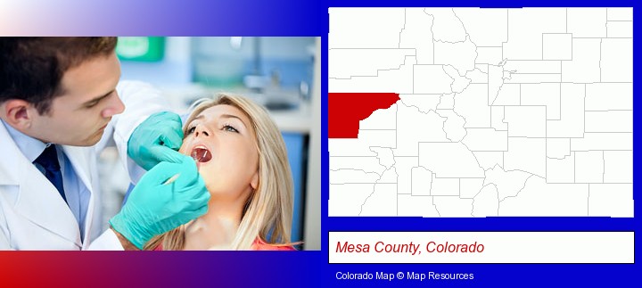 a dentist examining teeth; Mesa County, Colorado highlighted in red on a map
