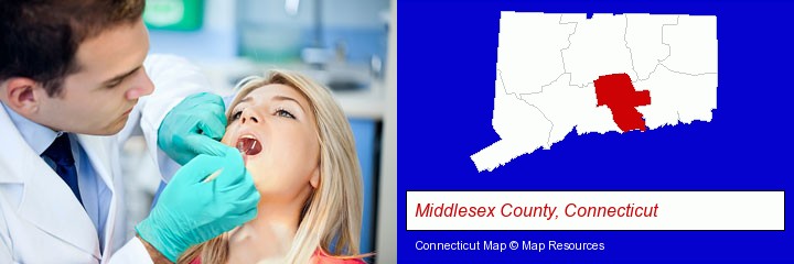 a dentist examining teeth; Middlesex County, Connecticut highlighted in red on a map
