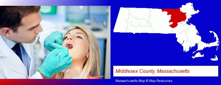 a dentist examining teeth; Middlesex County, Massachusetts highlighted in red on a map