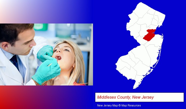 a dentist examining teeth; Middlesex County, New Jersey highlighted in red on a map