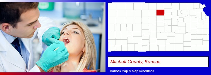 a dentist examining teeth; Mitchell County, Kansas highlighted in red on a map