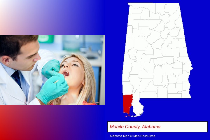 a dentist examining teeth; Mobile County, Alabama highlighted in red on a map