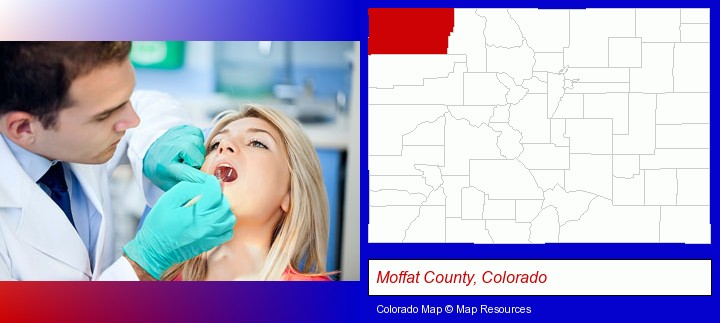 a dentist examining teeth; Moffat County, Colorado highlighted in red on a map