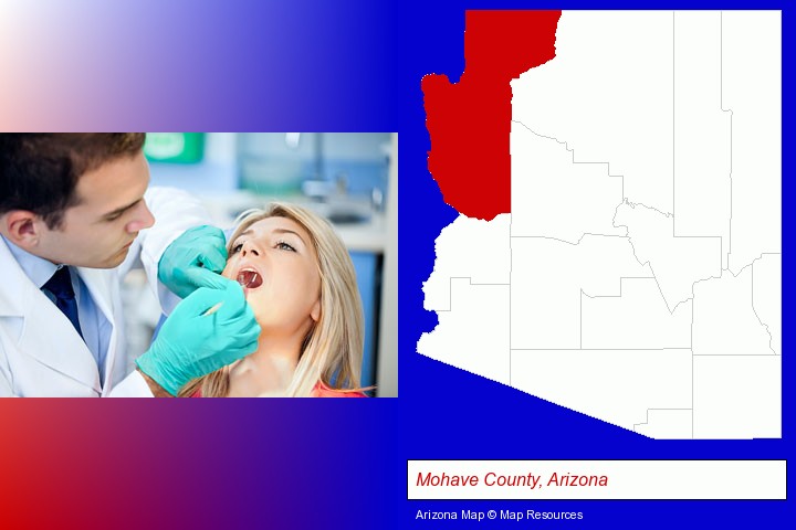 a dentist examining teeth; Mohave County, Arizona highlighted in red on a map