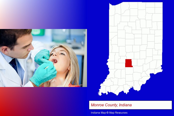 a dentist examining teeth; Monroe County, Indiana highlighted in red on a map
