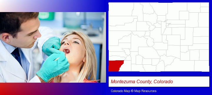 a dentist examining teeth; Montezuma County, Colorado highlighted in red on a map
