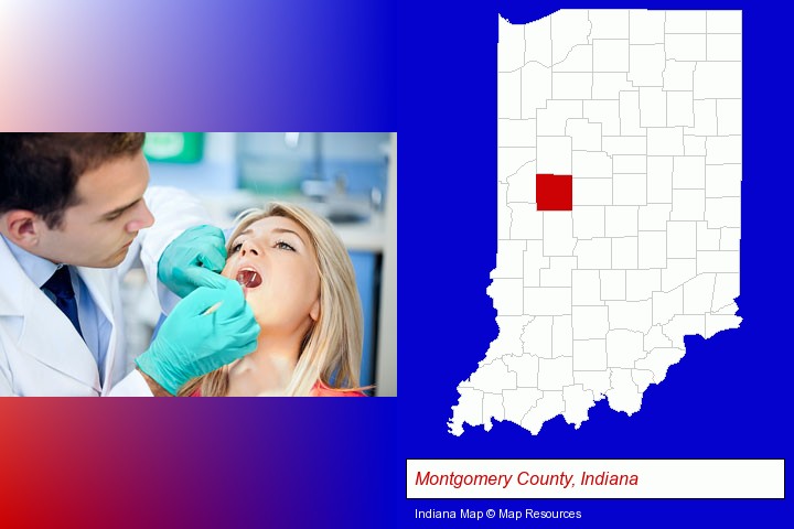 a dentist examining teeth; Montgomery County, Indiana highlighted in red on a map
