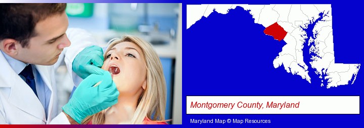a dentist examining teeth; Montgomery County, Maryland highlighted in red on a map