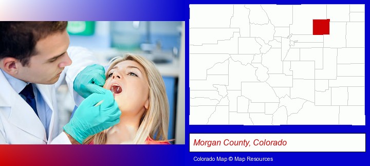 a dentist examining teeth; Morgan County, Colorado highlighted in red on a map