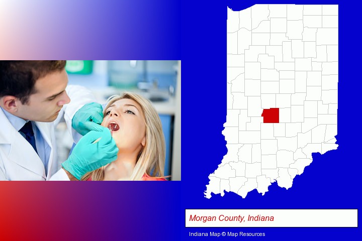 a dentist examining teeth; Morgan County, Indiana highlighted in red on a map