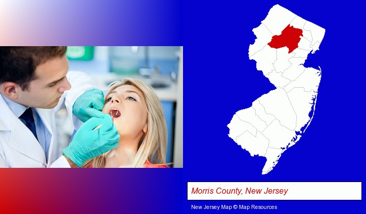 a dentist examining teeth; Morris County, New Jersey highlighted in red on a map