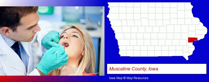 a dentist examining teeth; Muscatine County, Iowa highlighted in red on a map