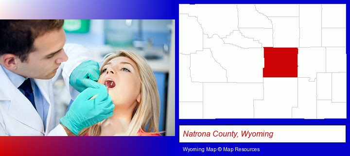 a dentist examining teeth; Natrona County, Wyoming highlighted in red on a map