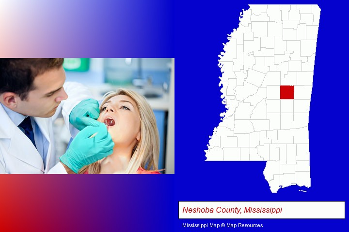 a dentist examining teeth; Neshoba County, Mississippi highlighted in red on a map