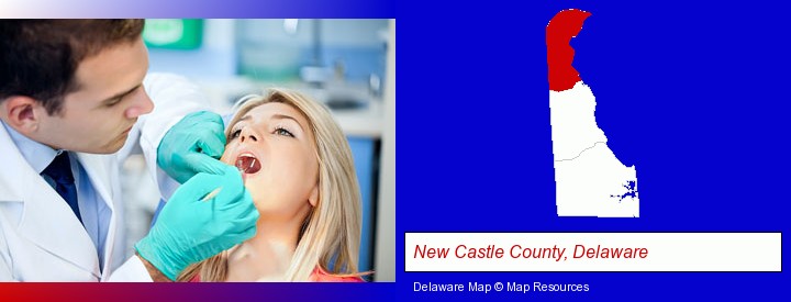 a dentist examining teeth; New Castle County, Delaware highlighted in red on a map