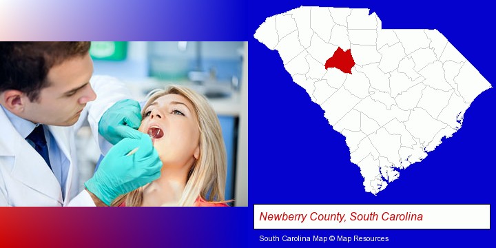 a dentist examining teeth; Newberry County, South Carolina highlighted in red on a map