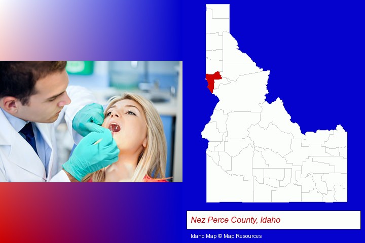 a dentist examining teeth; Nez Perce County, Idaho highlighted in red on a map