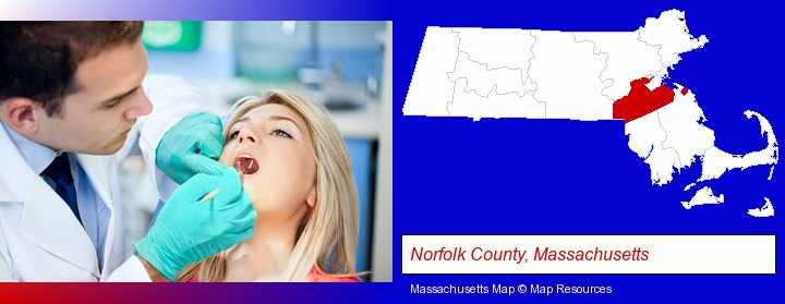a dentist examining teeth; Norfolk County, Massachusetts highlighted in red on a map