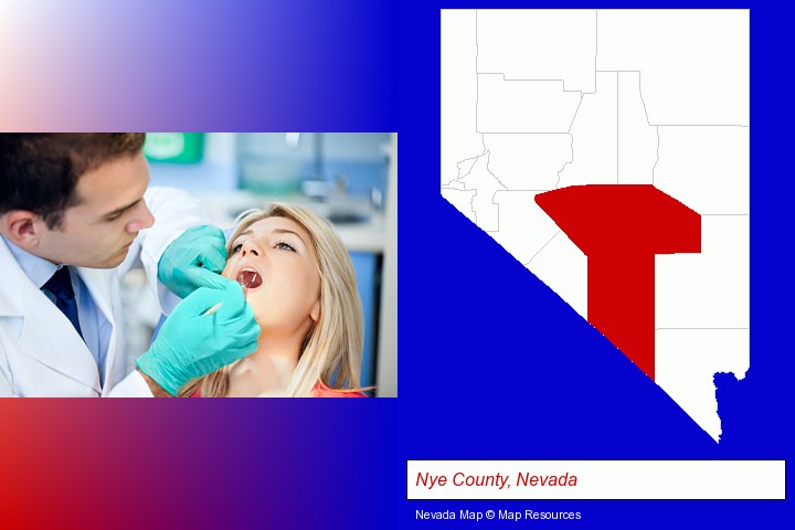 a dentist examining teeth; Nye County, Nevada highlighted in red on a map