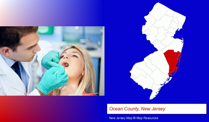 a dentist examining teeth; Ocean County, New Jersey highlighted in red on a map