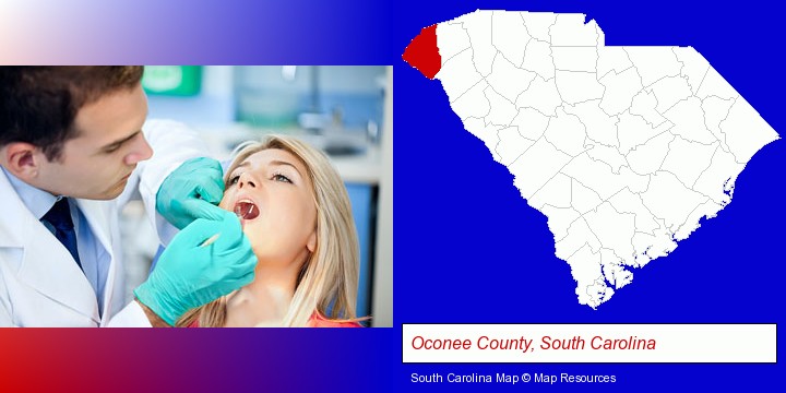 a dentist examining teeth; Oconee County, South Carolina highlighted in red on a map