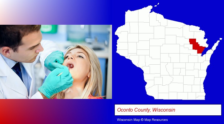 a dentist examining teeth; Oconto County, Wisconsin highlighted in red on a map