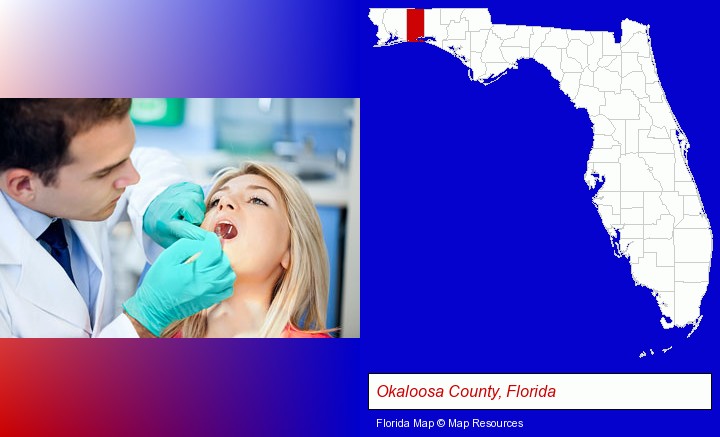 a dentist examining teeth; Okaloosa County, Florida highlighted in red on a map