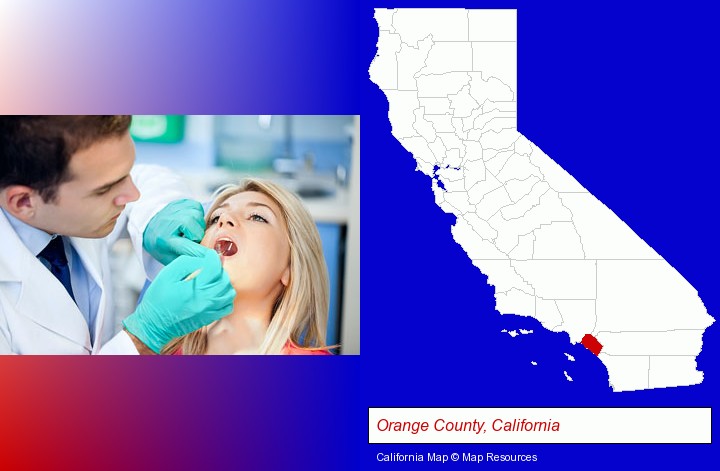a dentist examining teeth; Orange County, California highlighted in red on a map