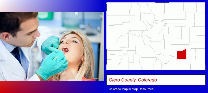 a dentist examining teeth; Otero County, Colorado highlighted in red on a map