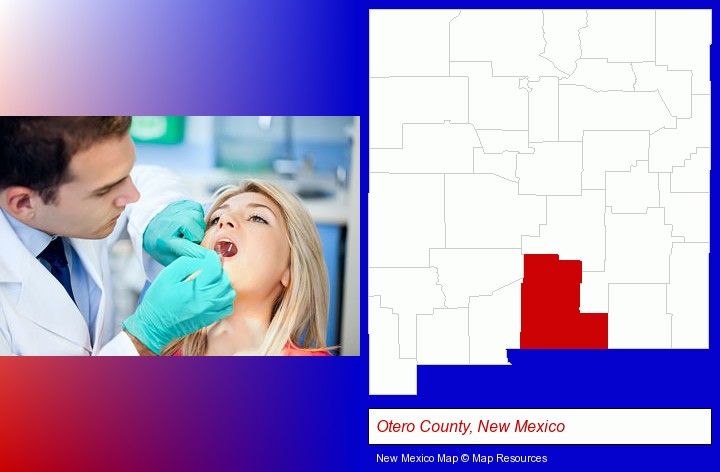 a dentist examining teeth; Otero County, New Mexico highlighted in red on a map