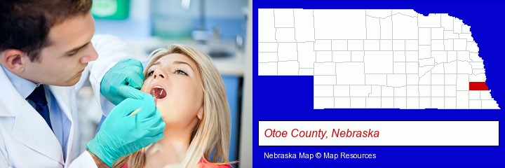 a dentist examining teeth; Otoe County, Nebraska highlighted in red on a map