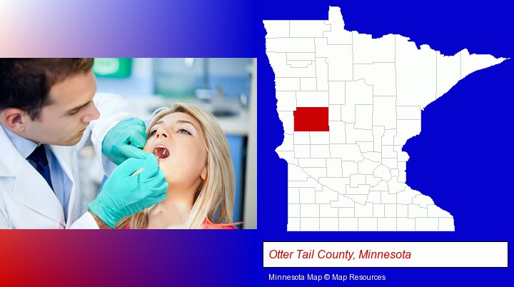 a dentist examining teeth; Otter Tail County, Minnesota highlighted in red on a map