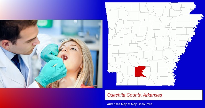 a dentist examining teeth; Ouachita County, Arkansas highlighted in red on a map
