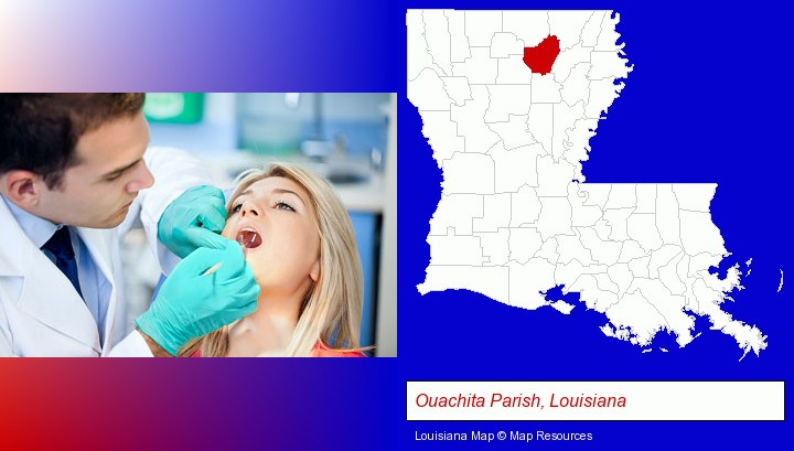 a dentist examining teeth; Ouachita Parish, Louisiana highlighted in red on a map