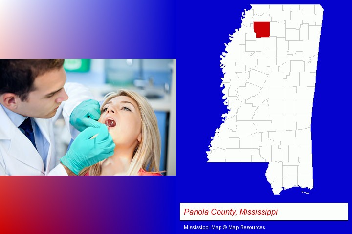 a dentist examining teeth; Panola County, Mississippi highlighted in red on a map