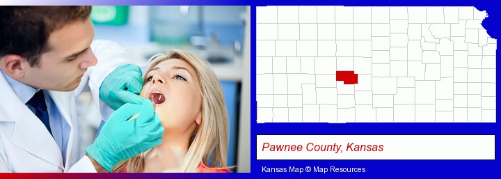 a dentist examining teeth; Pawnee County, Kansas highlighted in red on a map