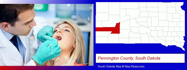 a dentist examining teeth; Pennington County, South Dakota highlighted in red on a map