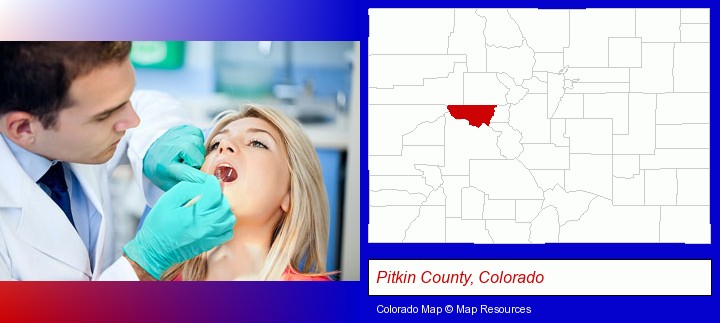 a dentist examining teeth; Pitkin County, Colorado highlighted in red on a map